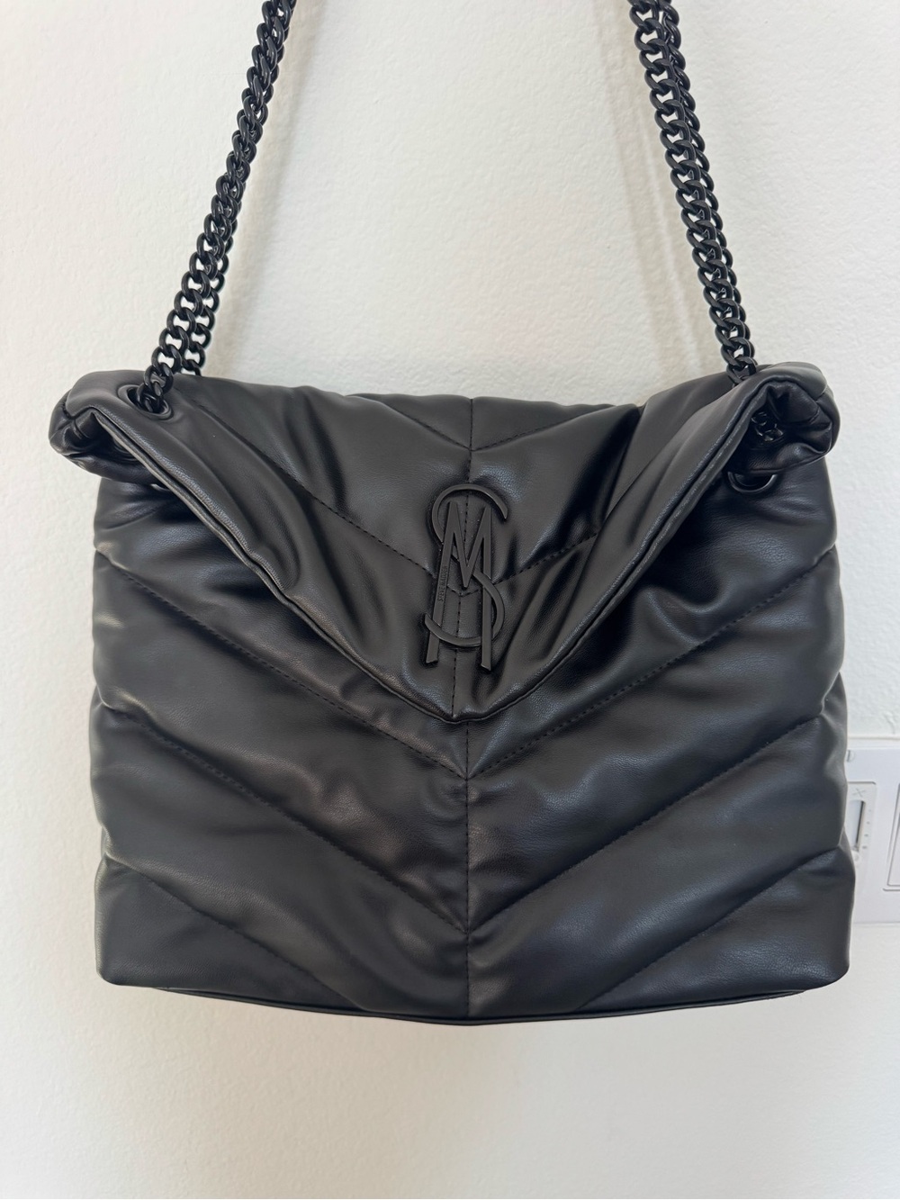 Steve Madden Black Quilted Shoulder Bag with Chain Strap and Logo